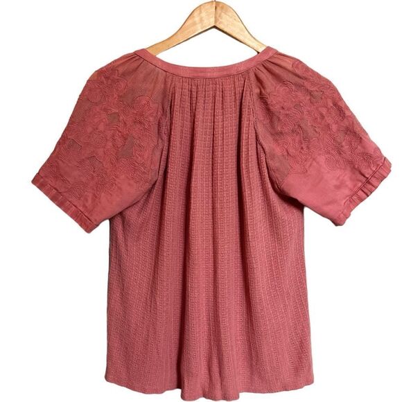 Lucky Brand Pink Embroidered Short Sleeve Waffle Knit Top Size Small - Picture 3 of 7